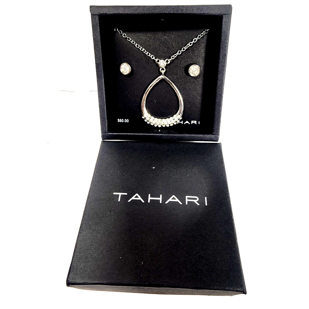 TAHARI Silver Plated Necklace W/ Round Bezel Crystal Earrings Jewelry Set NR $60